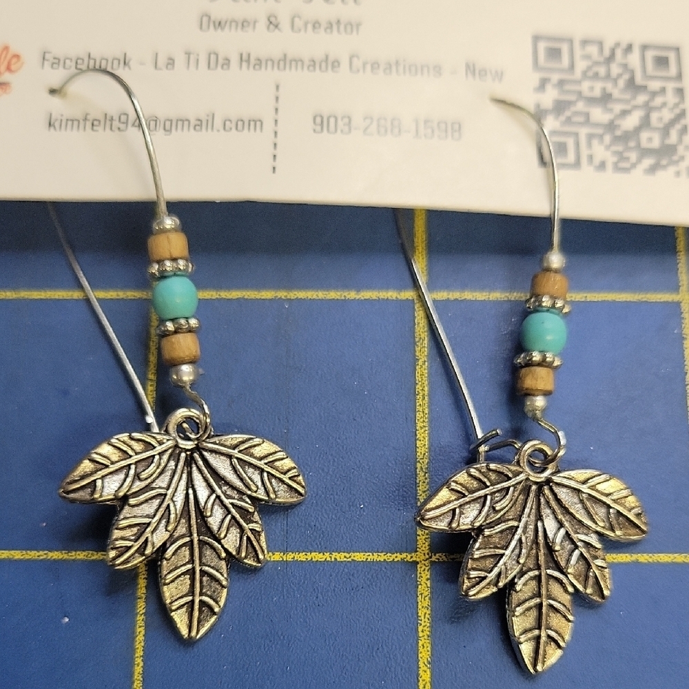 Leaf Earrings - Silver Tone Faux Turquoise Dangle 2"